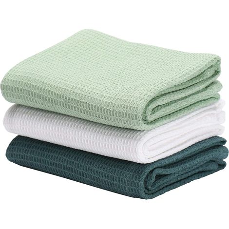 3 Pack Cotton Waffle Weave Tea Towels Kitchen Towels Ultra Soft Absorbent Large Size Green (1/5)