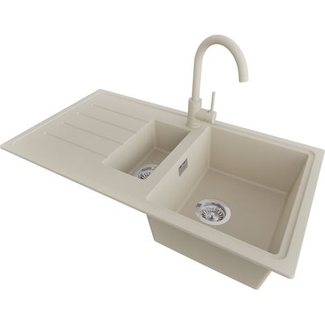 PRIMAGRAN Evier Cuisine en Granit 90x50cm,Lavabo 1,5 bacs + Robinet 32x20cm + Kit de Vidage, Évier à Encastrer au Meuble 60cm - Copenhague Duo, Beige