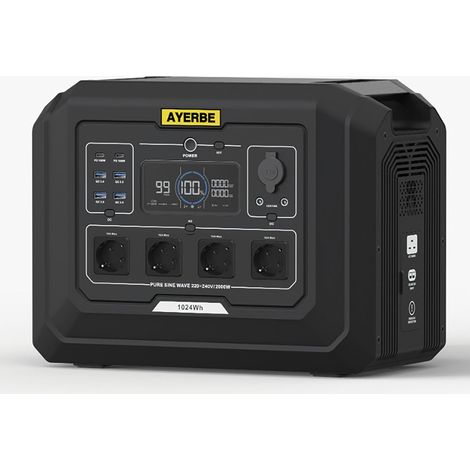 Station d’énergie 1024 Wh – Puissance 2000 W – Batterie LiFePO4 – Sortie CA 2000 W, USB-C 100 W – Recharge solaire et voiture – Ayerbe