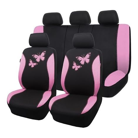 Colorful Butterfly Breathable Mesh Car Seat Cover Airbag Compatible Full Set Light Pink (1/5)