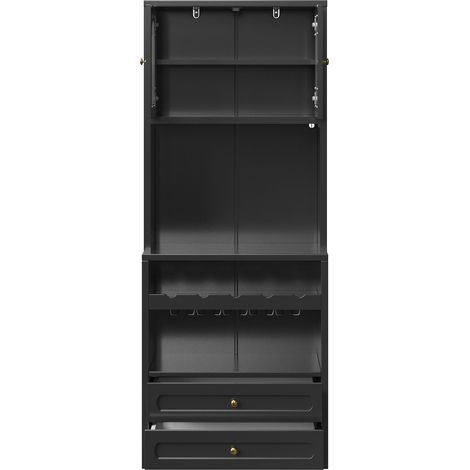 Buffet haut noir avec portes vitrées cintrées, LED via app, USB et porte-bouteilles (1/5)