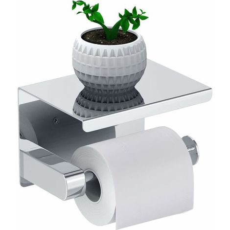 Porte Papier Toilette, Support Papier Rouleau sans Percage Derouleur Papier WC,Distributeur Papier avec Tablette, Acier INOX SUS 304, Colle Auto-adhésive et Mural pour Salle de Bain (Argent (1/5)