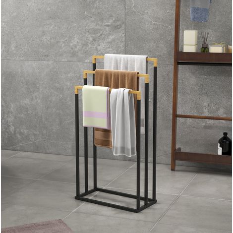 Toallero de pie de 3 barras en acero y bambú negro para baño (1/5)