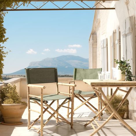VITAL - Set de 2 fauteuils pliants bambou, dossier/assise en tissu vert (1/5)
