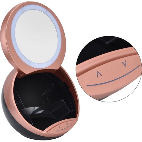 Miroir de maquillage rond à LED blanche dimmable 2 en 1, rechargeable par USB, avec boîte de rangement pour salle de bain, couleur or. (1/5)