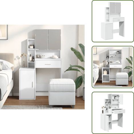 The Living Store Coiffeuse avec armoire blanc 80x35x132 cm - Coiffeuse - Meuble Salle De Bain - Vanity - Table Maquillage - Dressing