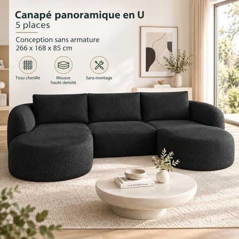 Canapé Modulable 266x168x85cm Noir Forme U Sans Montage - Canapé d'angle - 5 Places Tissu Chenille Sans Cadre Mousse Confort (1/5)