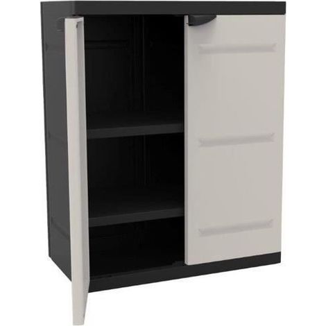 TITANIUM PLASTIKEN Armoire basse 2 portes avec etageres l70 x p44 x h88 cm Beige et Noire Gamme TITANIUM Interieur/Exterieur (1/3)