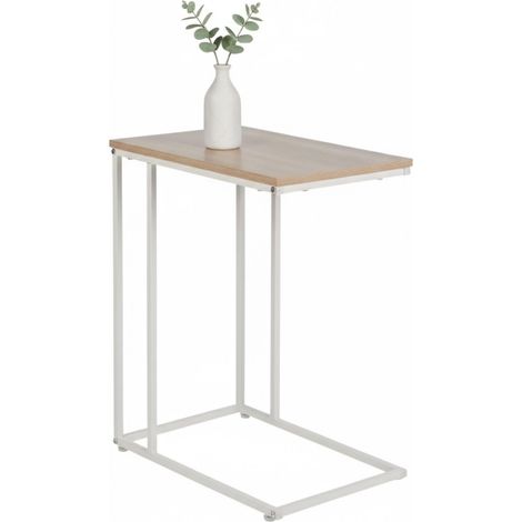 Table d'appoint, H x L x P : 64 x 50 x 35 cm, MDF, Fer, Forme en C, Table Basse Glissante, Salon, Blanc/Nature (1/5)