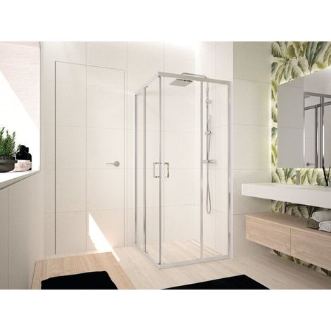 Porte de douche d'angle - NOVELLINI - Ocean A - Double porte coulissante - 87 à 90 cm - Verre transparent avec profilé chromé (1/2)