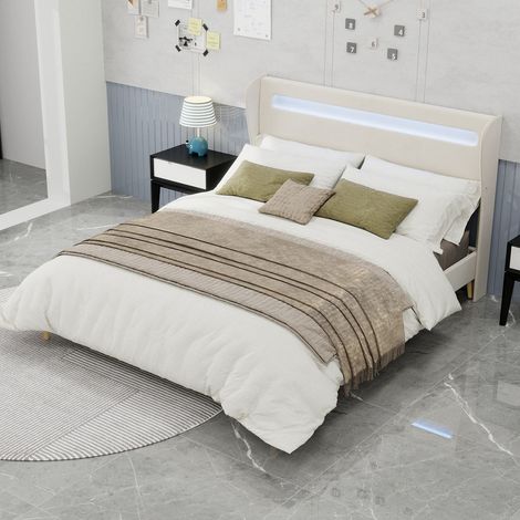 Lit 160x200 cm minimaliste tête capitonnée LED base surbaissée sans rangement sans matelas (1/5)