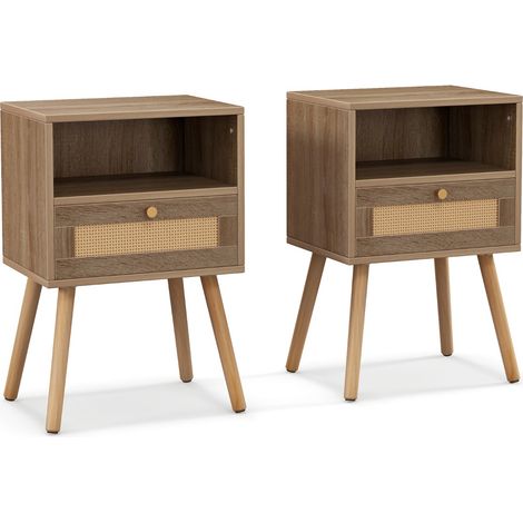 Set di 2 comodini in rattan con cassetto, Tavolini laterali stile boho da letto in legno per soggiorno Naturale (1/4)