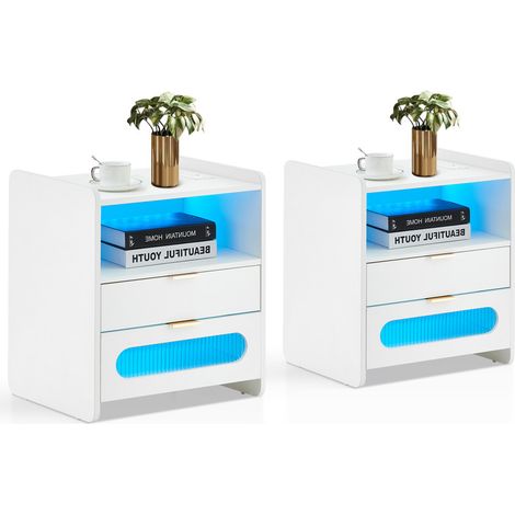 Bedside Tables Set of 2 with LED Lights, 2 Drawers Bedside Table with Charging Station and Open Shelf, Modern Storage Nightstand Cabinet for Bedroom Living Room (1/5)
