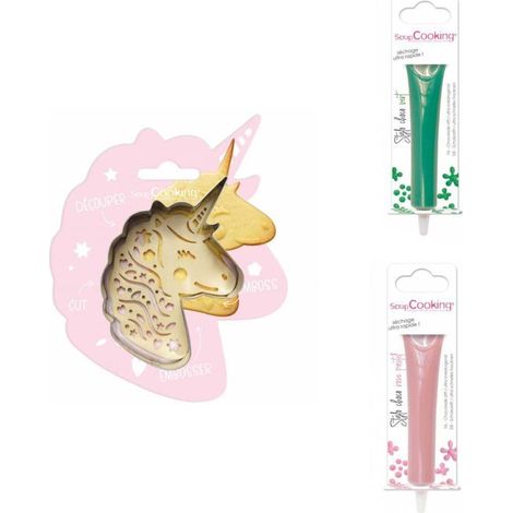 Kit pour biscuit en relief Licorne + 2 Stylos au chocolat vert et rose pastel
