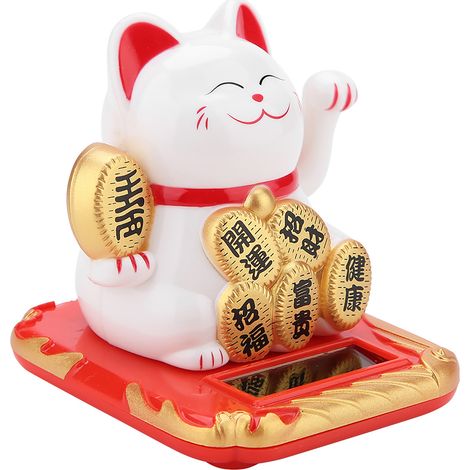 Chat porte-bonheur blanc qui fait signe, solaire, mignon chat accueillant pour maison et voiture, déco porte-bonheur, figurine lumineuse. (1/5)