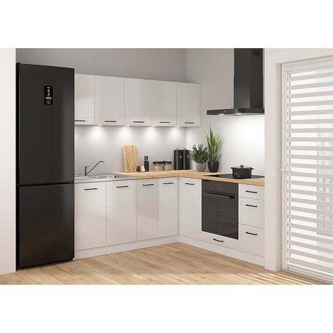 Pegane – Cuisine d'angle complète 200x200 cm – Meubles modulables blanc/craie brillant – Plan de travail chêne doré inclus – Armoires basses et hautes (1/3)