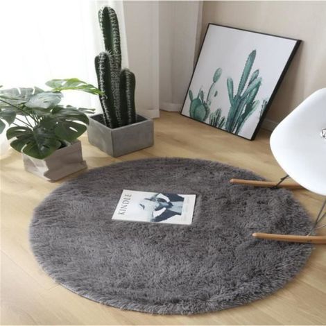 Tapis Rond - Diamètre 120 cm - Gris Shaggy - En Polyester Moelleux - Pour Salon Chambre Bureau - 1 Pièce (1/2)