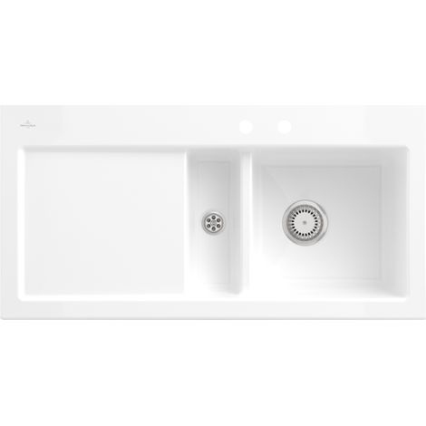 Villeroy & Boch – Évier céramique blanc 100x51 cm – 1 bac et demi – égouttoir gauche – à encastrer – pour meuble sous évier 60 cm (1/4)