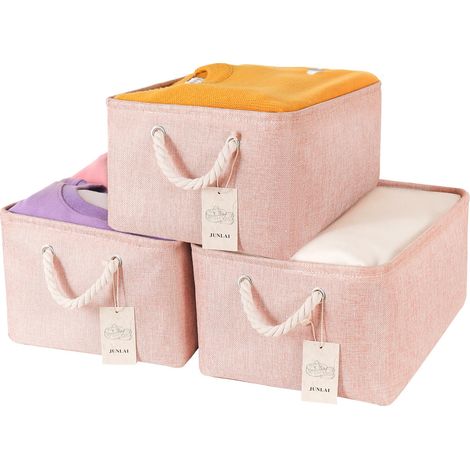Lot de 3 paniers de rangement pliables avec poignées, petites boîtes de rangement en tissu pour bureau et maison, livres, vêtements, jouets (rose, taille S) (1/5)