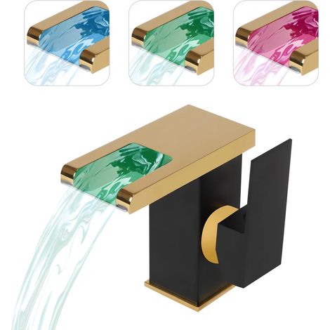 Con iluminación LED de 3 colores Grifo de baño tipo cascada Grifo de baño negro dorado Hidroeléctrico (1/5)