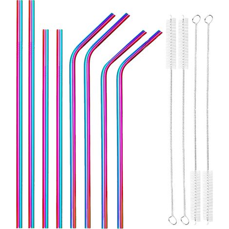 Paille En Acier Inoxydable - 11 Pièces Dont 4 Droites Et 4 Coudées - Avec Brosses De Nettoyage - Pour Boissons Fraîches Et Cocktails - Lot Complet