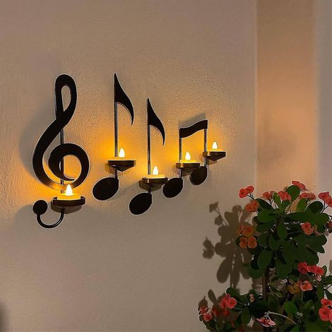 Lot de 4 appliques murales noires en forme de note de musique, bougeoir en forme de clé de sol, décoration murale vintage (1/5)