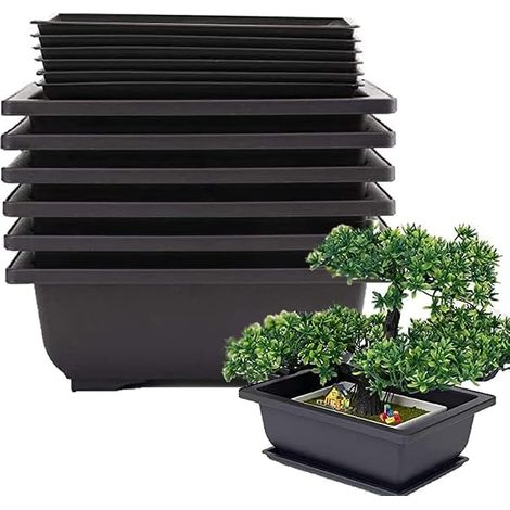 Lot de 6 pots à bonsaï - Plateau humide profond classique avec filet intégré pour plantes, fleurs, pots carrés en plastique (1/5)