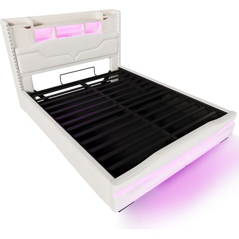 Cama canapé tapizada 160x200 cm beige con LED, USB, toma y almacenaje hidráulico (1/5)
