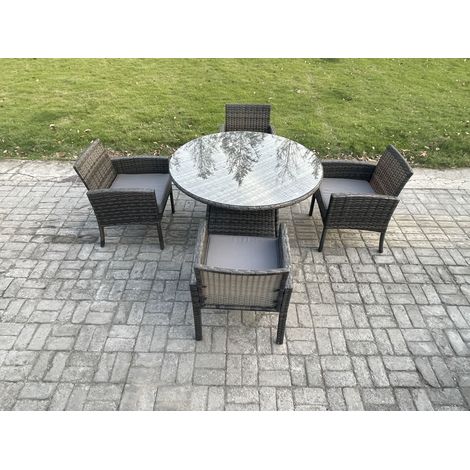 Fimous Wicker PE Outdoor Rattan Garden Furniture Arm Chair And Table Dining Sets 4 Seater Medium Round Table Dark Grey Mixed (1/5)