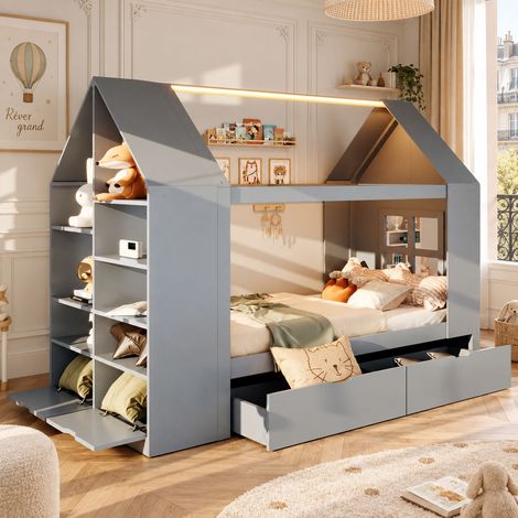 Lit enfant cabane 90x200 cm en bois massif et MDF, LED, 2 tiroirs et rangements, sommier à lattes inclus, gris, sans matelas