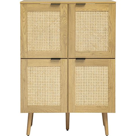 Aparador acabado madera clara, rejilla de ratán y metal negro 4 puertas L80 cm MANILLE (1/5)
