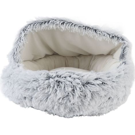 Decdeal Lit grotte pour chat, doux et confortable, semi-fermé, sécurité améliorée, amovible, rond, apaisant pour chien, pour la maison, intérieur, peluche en polyester lisse, gris (1/5)