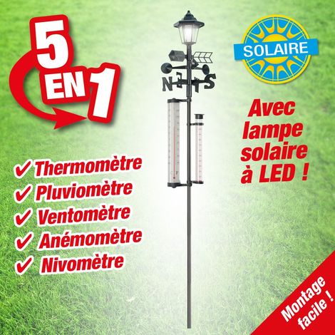 Station météo avec lampe solaire – Alimentation solaire – Indications météo : température, vitesse du vent, précipitations – IP44 – Astuceo (1/6)