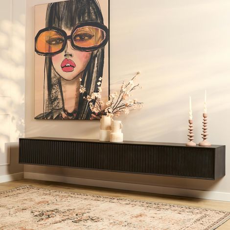 Meuble TV suspendu bois noir 4 portes rainurées 240 cm CORTINA (1/5)