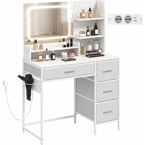 HOMCOM tocador de maquillaje con espejo led, estación de carga, 3 colores de luz, 4 cajones, 5 estantes abiertos, soporte para secador, blanco (1/5)