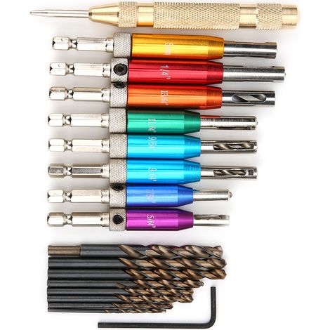 Foret perforateur multicolore pour charnières de porte et fenêtre avec poinçon central et clé hexagonale
