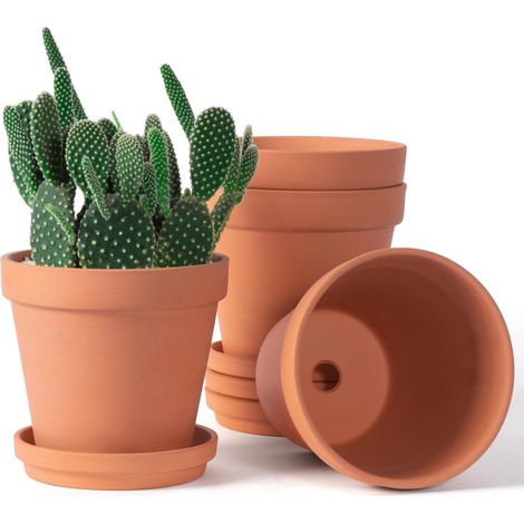 15 cm große Pflanzgefäße aus Terrakotta und Ton – Mittlere Terrakotta-Pflanzgefäße mit Untersetzer – Pflanzgefäße mit Untersetzer – Terrakotta-Pflanzgefäße für Zimmer- und Gartenpflanzen – 4er-Set (1/5)