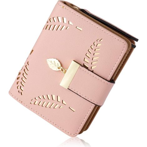 Portefeuille femme, petit portefeuille en cuir pour femme, porte-monnaie vegan en forme de feuille ajourée avec fermeture éclair (rose) (1/5)