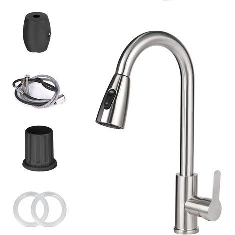 Robinet de cuisine avec flexible extractible, en acier inoxydable nickelé poli.