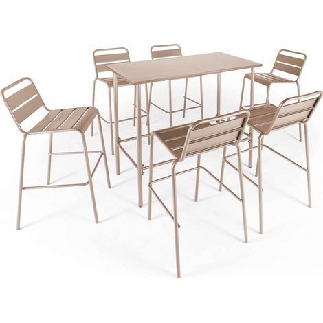 Ensemble table haute de jardin et 6 chaises en métal taupe - Palavas
