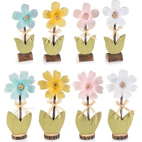 Fiori decorativi in legno colorato con decori in morbide piume, set da 8 pezzi, Margherita:cm 14x6,5x29 H