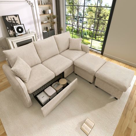 Canapé d’angle multifonctionnel en U, canapé 3 places rembourré avec rangement – avec tiroirs + pouf avec coffre de rangement, ensemble de canapé modulaire démontable avec fonction lit, tissu côtelé (1/5)