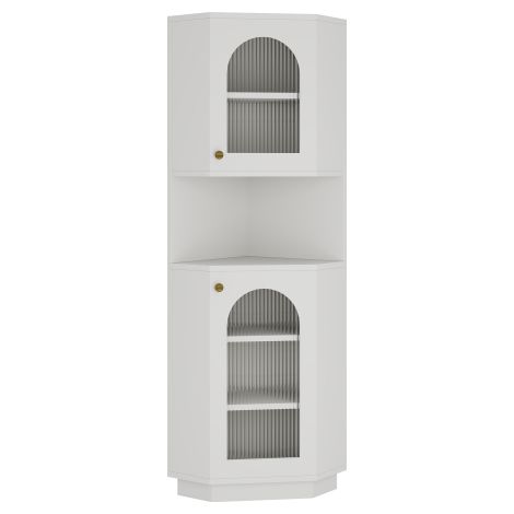 Meuble d'angle blanc à deux portes en verre cannelé arqué, boutons ronds dorés et bande lumineuse LED, dimensions 36,8×45×166,5cm, meuble multifonction, mobilier pour salle de bain et rangement haut d (1/5)