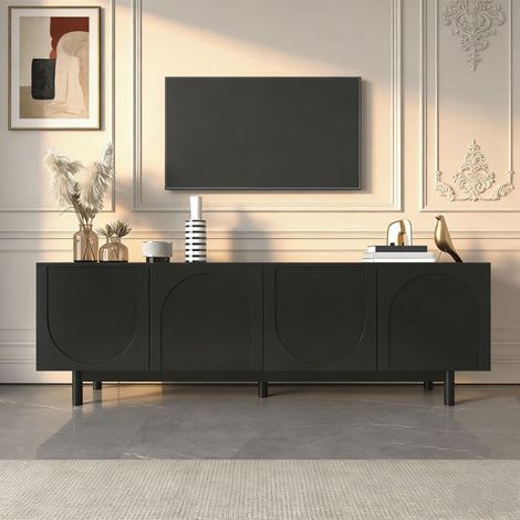 Mueble de TV negro moderno - 175 x 38 x 56 cm, estantes ajustables - 4 puertas - mueble de TV bajo - Estilo lujoso