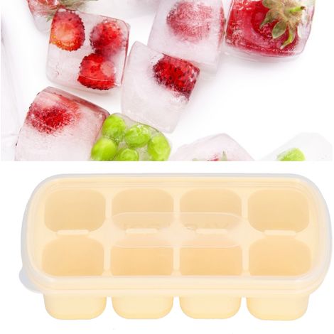Einfache Eiswürfelform, Eiswürfelbereiter für Zuhause mit Deckel, weicher Boden, kleine Eiswürfelbox, Obstbox mit acht Fächern, Aufbewahrungsbox, gelb. (1/5)