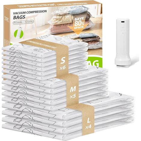 Lot de 15 sacs sous vide pour vêtements et couettes - Sacs sous vide pour vêtements - Sacs sous vide avec pompe comme organisateur de valise et gadgets de voyage (1/5)