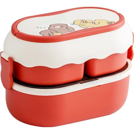 Fiambrera Bento de 2 niveles y 3 compartimentos, gran capacidad, apta para microondas, portátil, bonita, roja. (1/4)