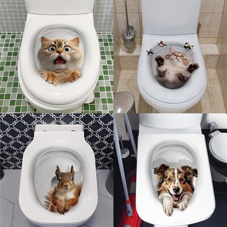 Juego de 4 pegatinas de inodoro con forma de animales (gato 3D), vinilo impermeable/removible, para baño.