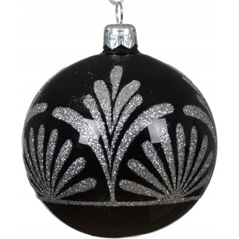 Bola de cristal para árbol de Navidad de 8 cm, negra con estampado plateado. (1/2)