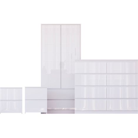 Glinton 4 Piece Bedroom Set (2 Drw Bedside x2, 8 Drw Chest, 2 Dr 2 Drw Wardrobe), White (100% FSC) (1/4)